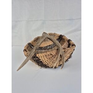 Vintage Deer Antler Handle Woven Basket Rustic Cabin Lodge Decor Handmade
